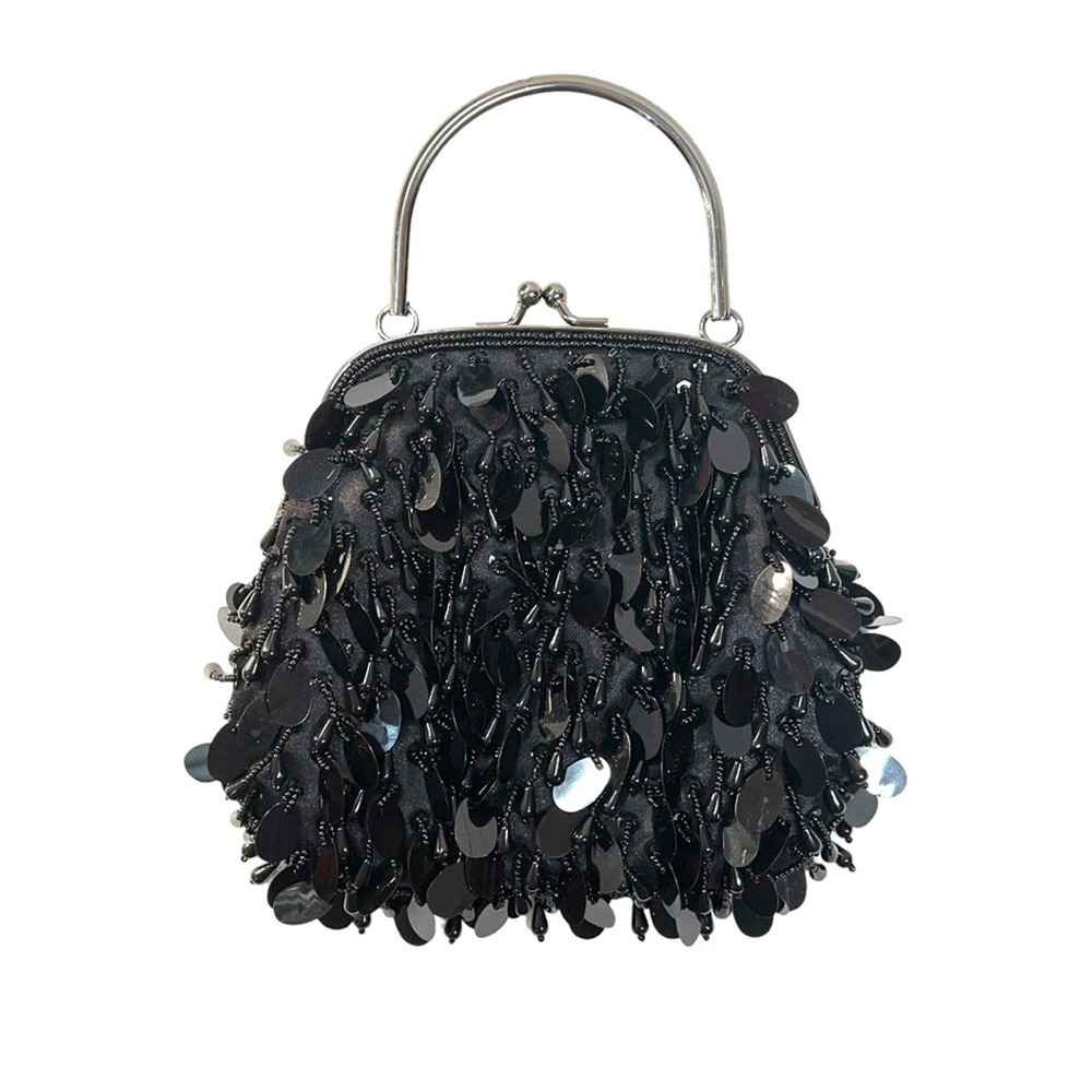 LOFT Black Bead and Sequin Satin Embellished Evening Clutch Pewter hardware NWOT - Picture 4 of 11